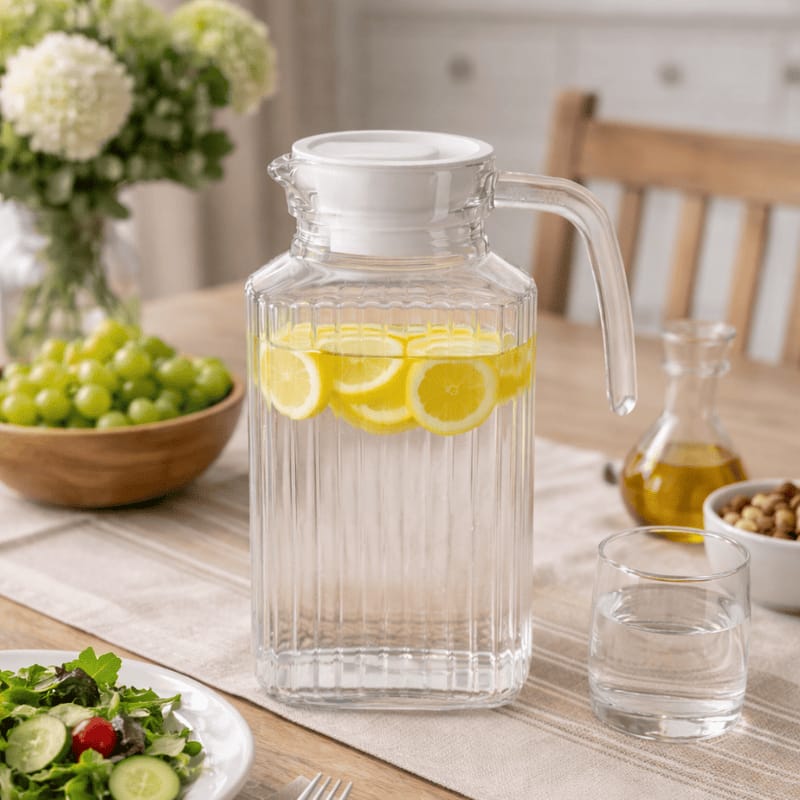 glass water jug with plastic lid 1.74L premium beverage pitcher for water juice and cold drinks glass water jug Pakistanglass beverage pitcher 1.74Lwater jug with lidjuice pitcher Pakistanglass serving jugbeverage pitcher with lidlemonade pitcher glassHome Hatch drinkwareglass water pitcherpremium beverage jug
