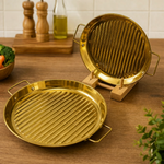 Golden steak style grill platter ribbed metal serving steak plate premium kitchen cookware 8.5 inch and 7.5 inch – Pakistan
