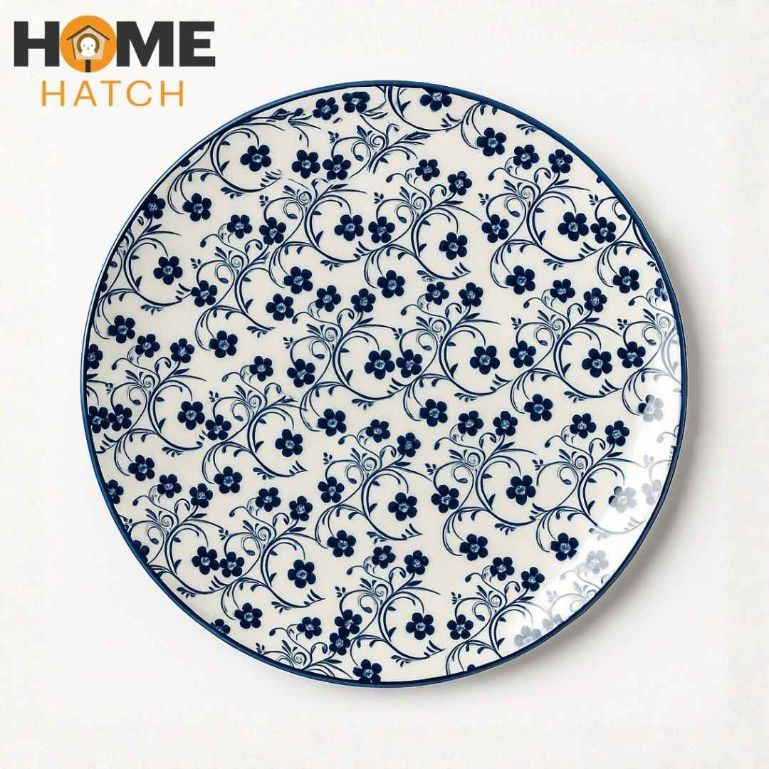 DANNY HOME Navy Blue Floral Flat Ceramic Plates – Multiple Sizes – Home Hatch Pakistan