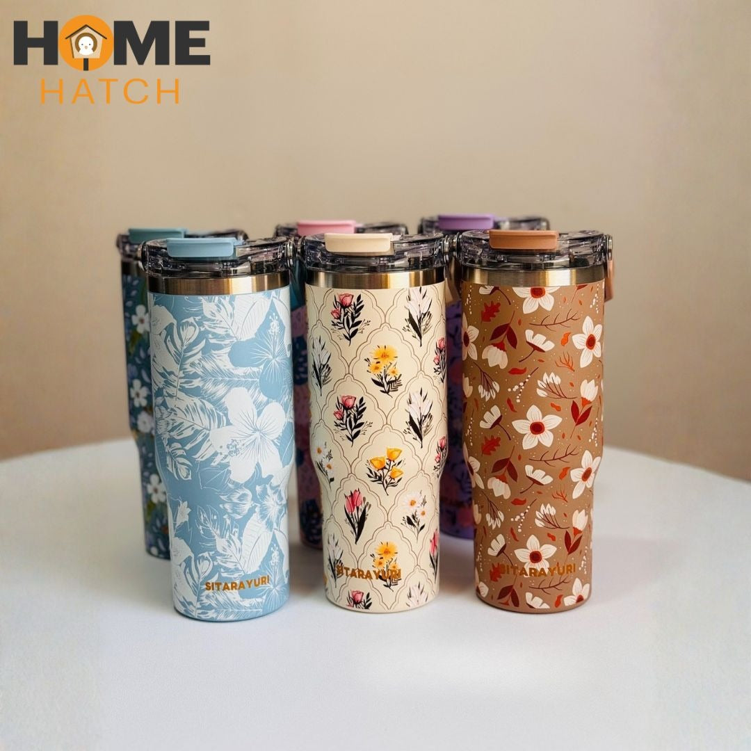 Sitarayuri Floral 900ml Stainless Steel Tumbler with Handle & Straw – Leakproof & Insulated Travel Cup – Home Hatch Pakistan