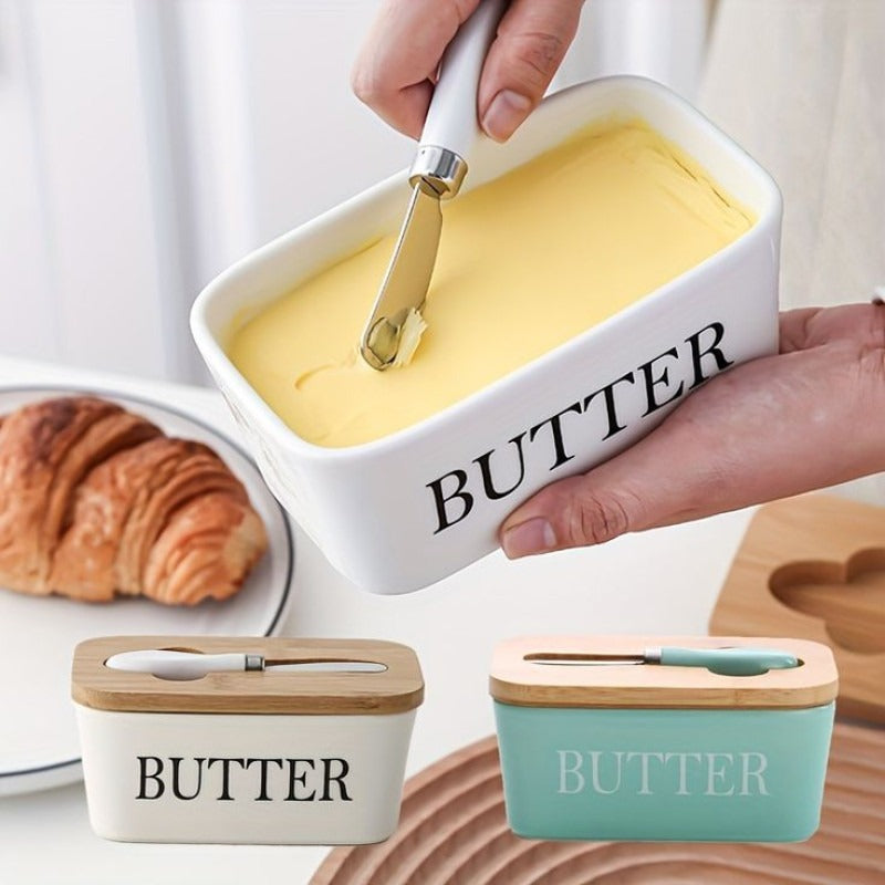 Ceramic butter dish with bamboo cover and built-in knife slot – Home Hatch Pakistan