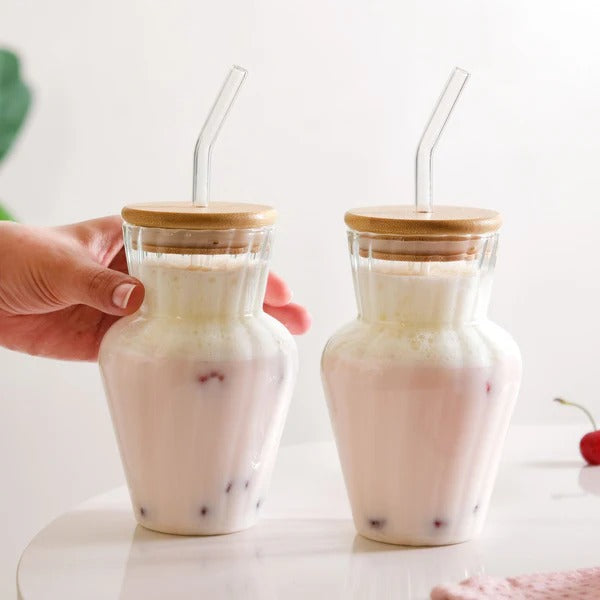 TropiCool Glass Tumbler with Bamboo Lid & Straw – 450ml