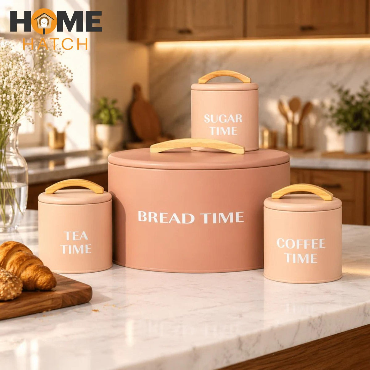 modern kitchen bread bin and storage canister set with wooden handles tea coffee sugar – Pakistan
