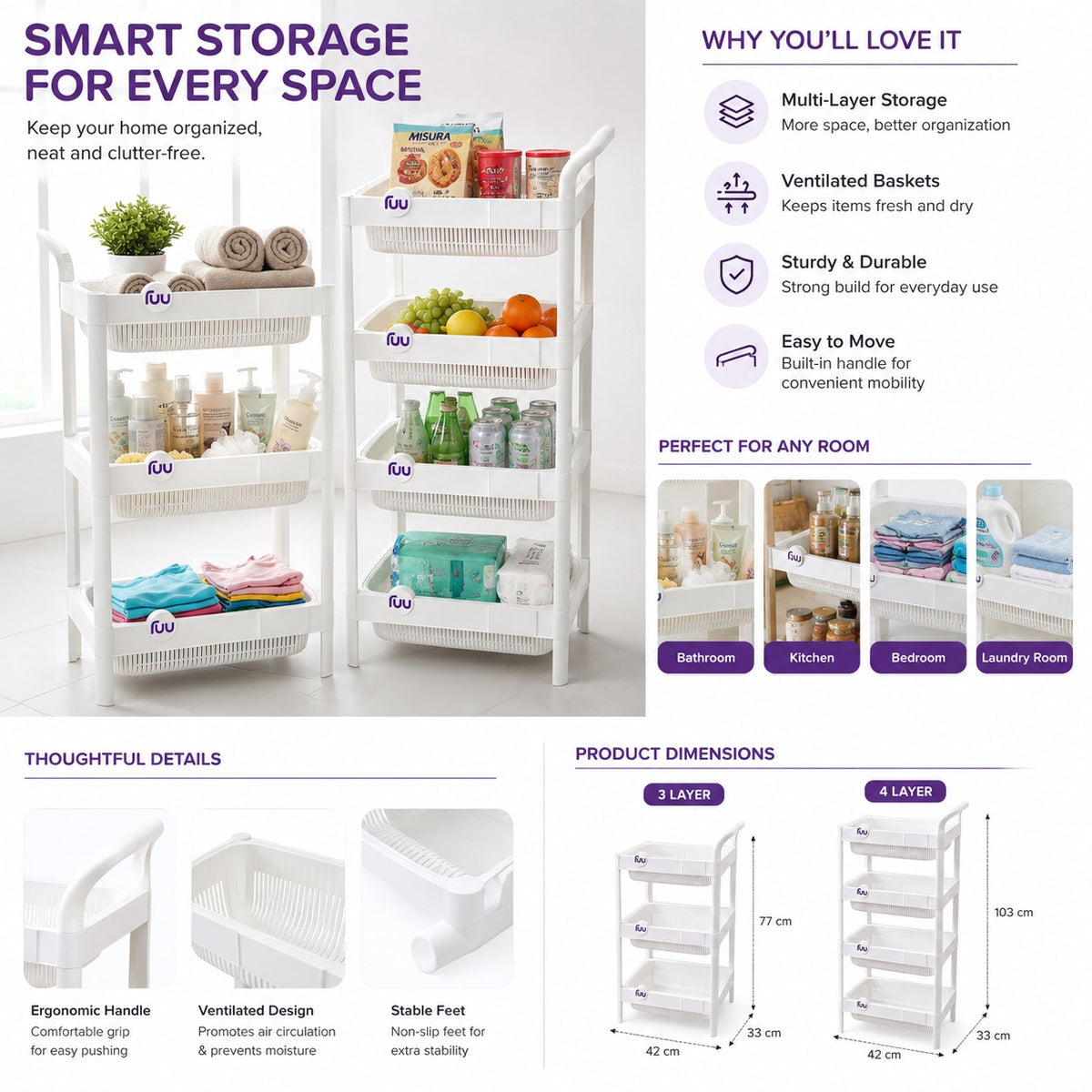 multipurpose storage rack organizer ventilated plastic basket shelf for kitchen bathroom and laundry