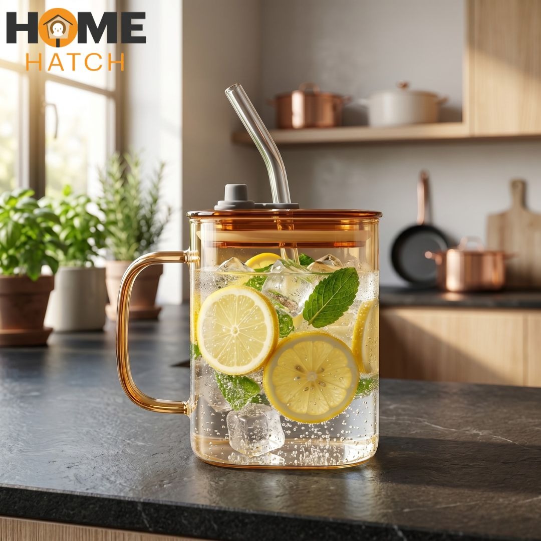 premium glass tumbler with lid glass straw and handle 490ml reusable beverage cup