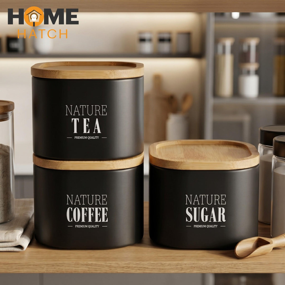 Premium Matte Tea Coffee Sugar Canister Set with Bamboo Lids | 3 Pcs Kitchen Storage Set