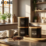 Premium Matte Tea Coffee Sugar Canister Set with Bamboo Lids | 3 Pcs Kitchen Storage Set