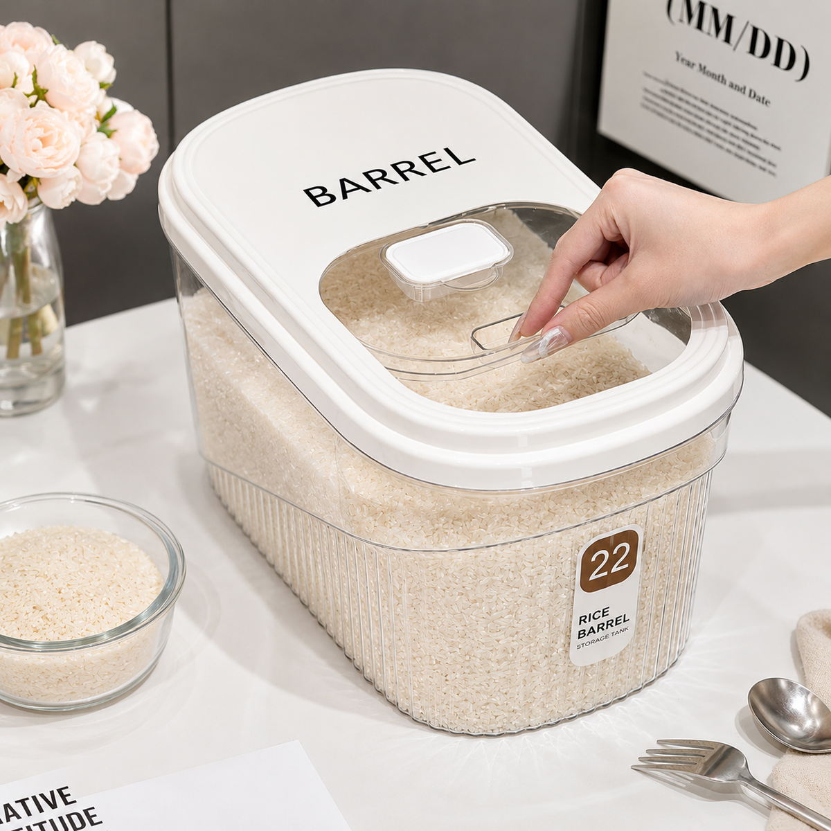 rice box slidable door with measuring cup grain storage container for kitchen pantry organization