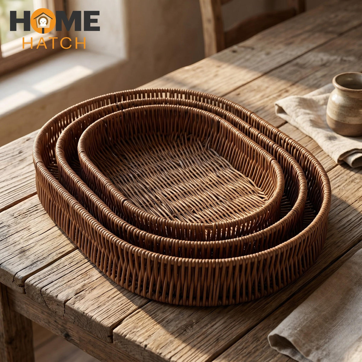 set of 3 wicker storage baskets handwoven natural organizer for home decor and storage – Pakistan
