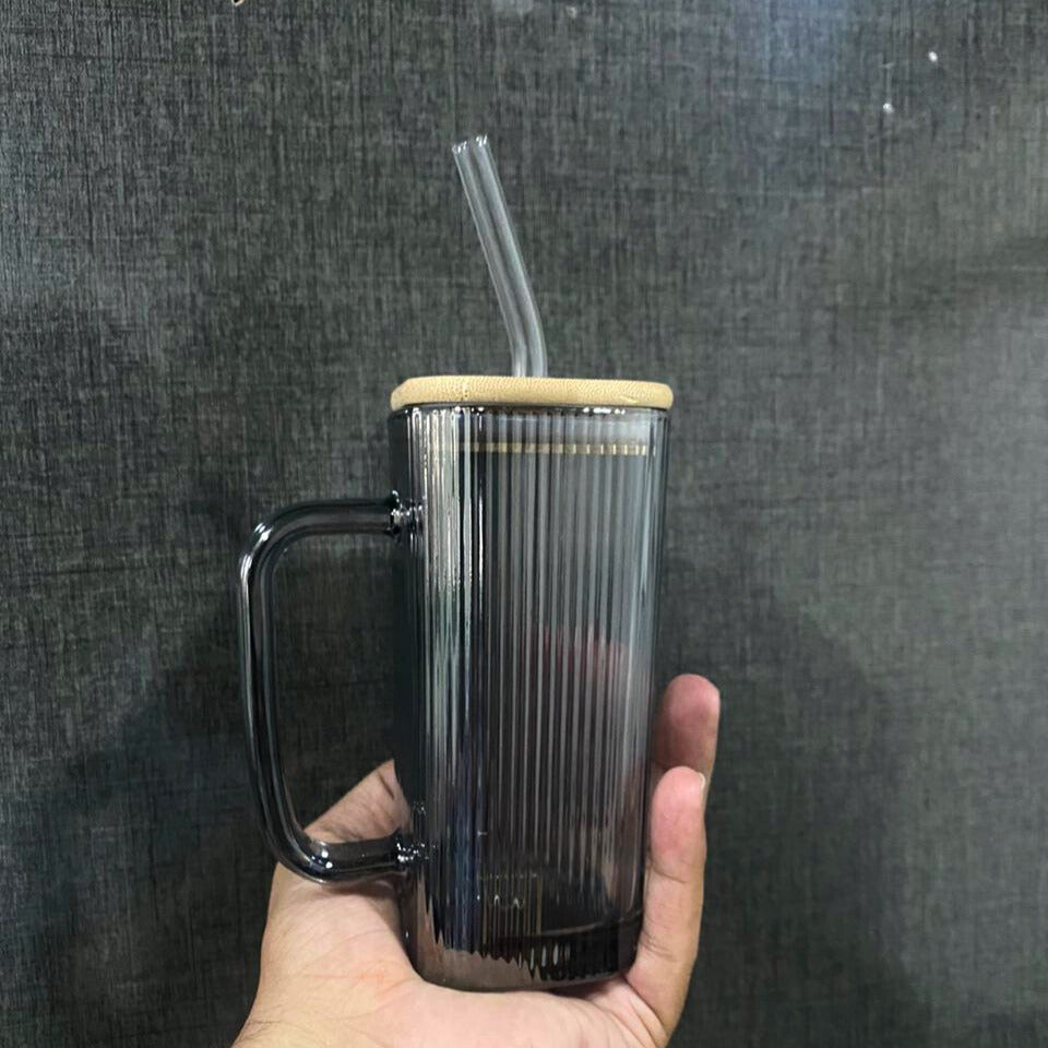 Lined Transparent Square Bamboo Lid Tumbler Drinking Glass with Glass Straw andHandle