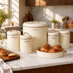 vintage cream bread bin and kitchen canister set with rose gold handles tea coffee sugar biscuit storage – Pakistan