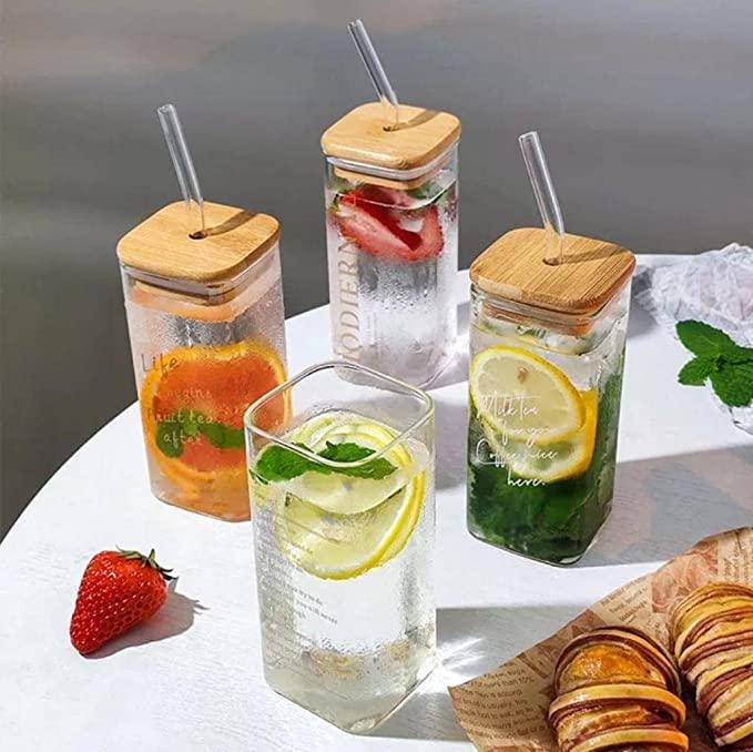 Transparent Square Glass Tumbler Drinking Glass with Glass Straw And Airtight Bamboo Lid - Home Hatch