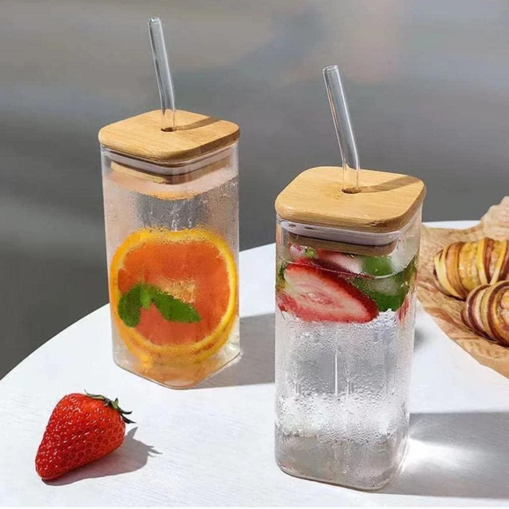 Transparent Square Glass Tumbler Drinking Glass with Glass Straw And Airtight Bamboo Lid - Home Hatch