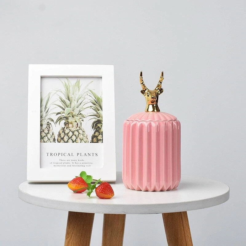Gold Animal Lid Pink Ceramic Candy Jar | Storage Jar | Center Piece - HomeHatchpk