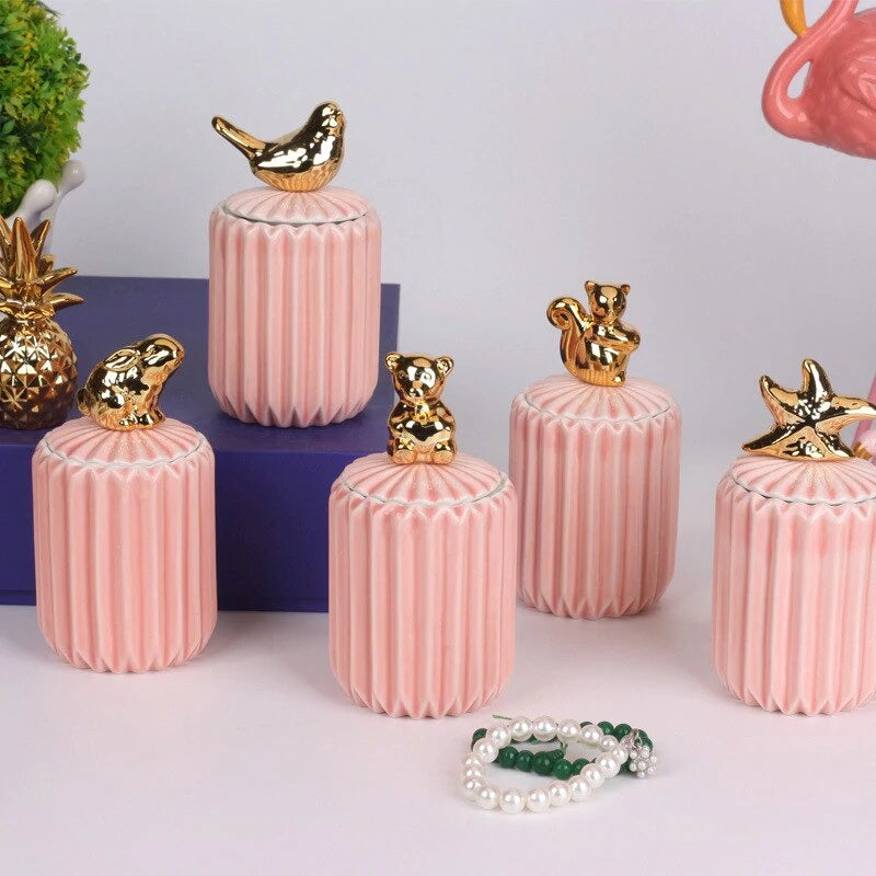 Gold Animal Lid Pink Ceramic Candy Jar | Storage Jar | Center Piece - HomeHatchpk