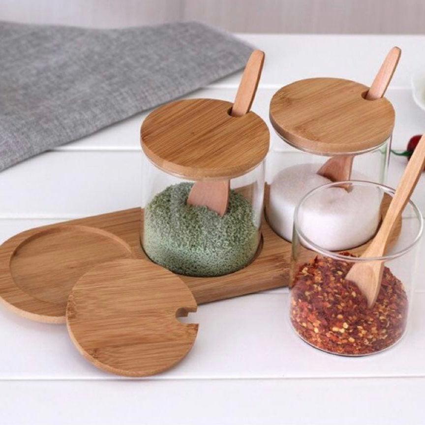 Glass Jar Set With Bamboo Lids , Tray & Bamboo Spoons 