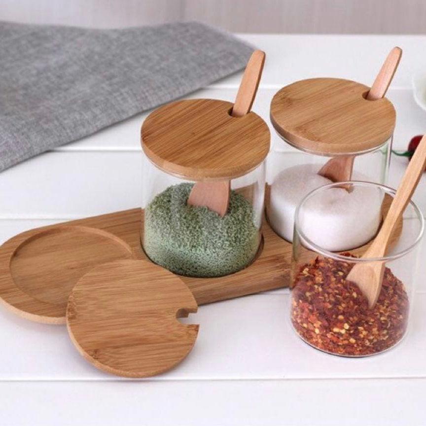 3pcs Seasoning Bamboo Lid Jar Set With Wooden Spoon and Tray - HomeHatchpk