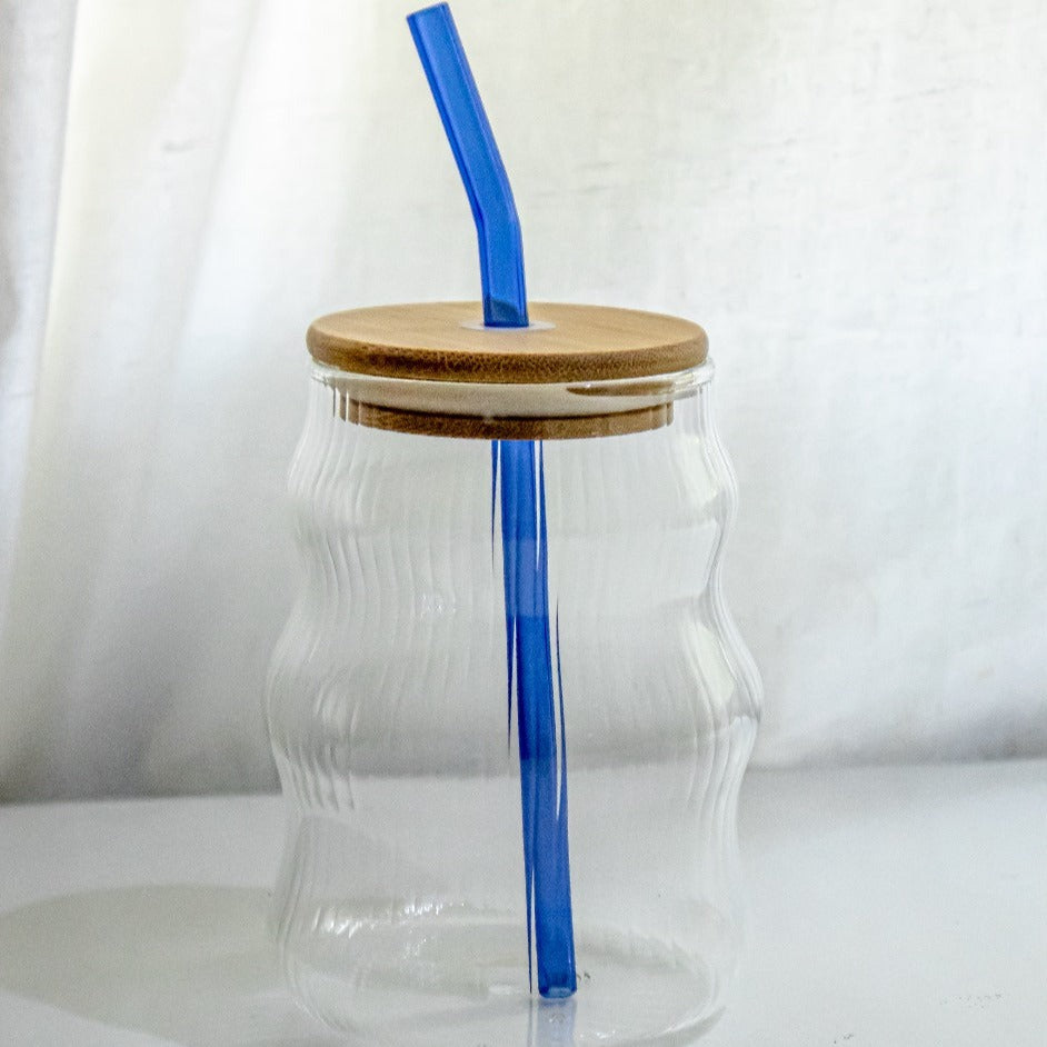 Curved Transparent Drinking Glass Tumbler with Bamboo Lid And Glass Straw