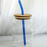 Curved Transparent Drinking Glass Tumbler with Bamboo Lid And Glass Straw