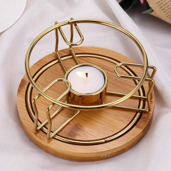 Gold Colour Food Warmer Burner Stand With Bamboo Base & Free Candle