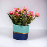 Two-Color Cemented Flower Pot with Gold Strip Filled With Flowers - Home Hatch