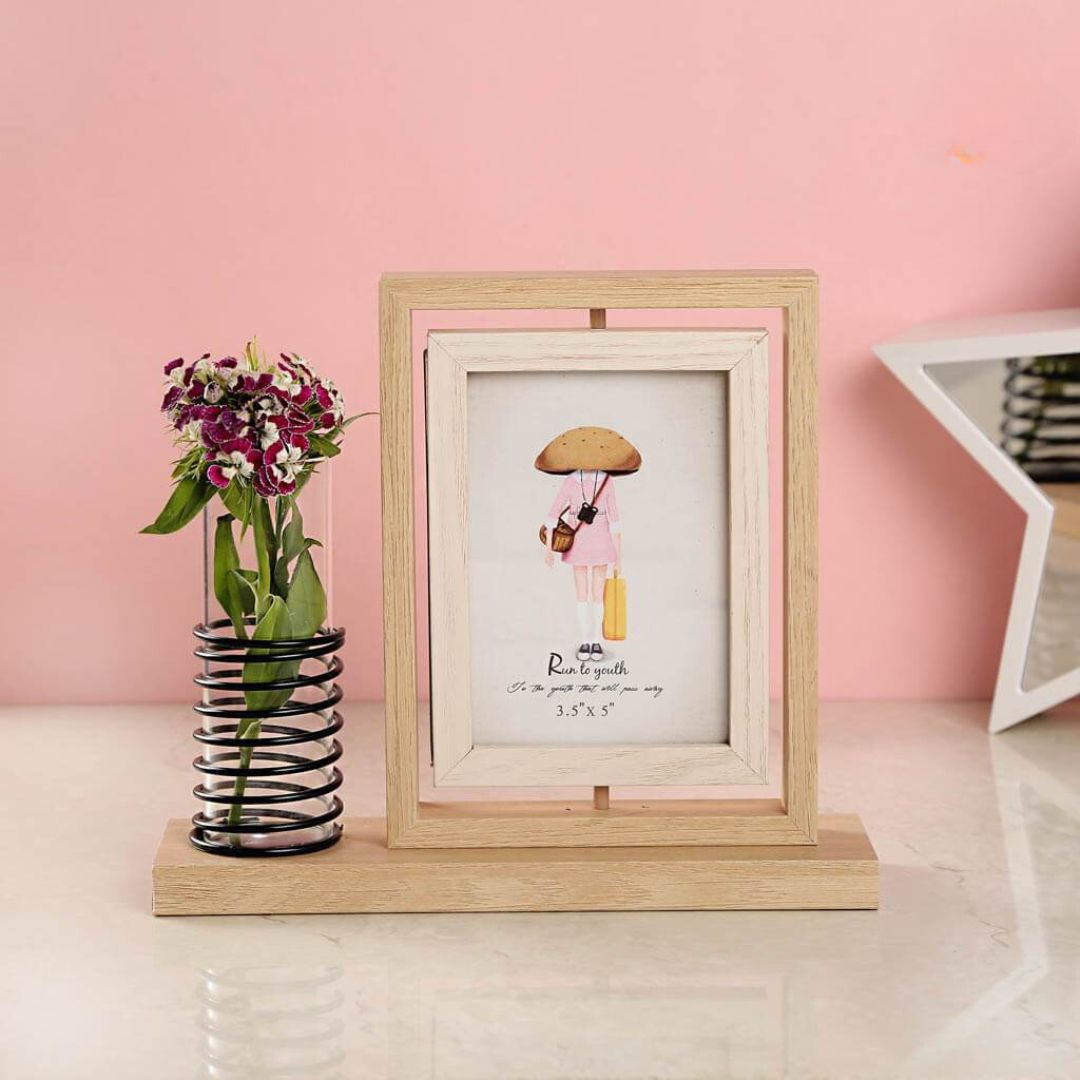 Nordic Double Sided Rotating Photo Frame with Flower Décor Tube - Home Hatch