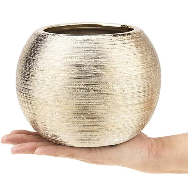 Brushed Golden Vase Round Flower Pot