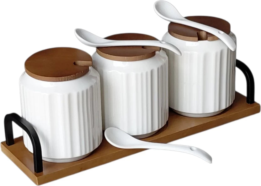 3-Piece Ceramic Spice & Condiment Jar Set with Spoons & Wooden Stand