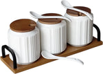3-Piece Ceramic Spice & Condiment Jar Set with Spoons & Wooden Stand