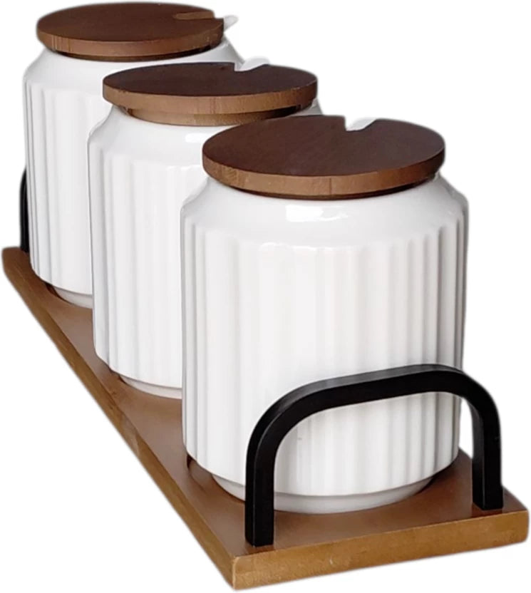 3-Piece Ceramic Spice & Condiment Jar Set with Spoons & Wooden Stand
