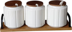 3-Piece Ceramic Spice & Condiment Jar Set with Spoons & Wooden Stand