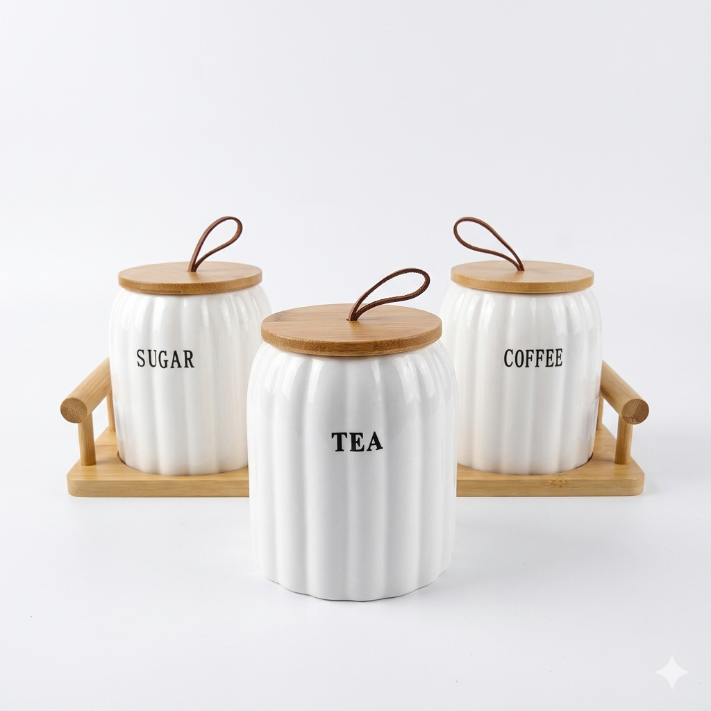 3 piece tea coffee sugar ceramic jar set with wooden tray and loop handle – Home Hatch Pakistantea coffee sugar jar set Pakistanceramic jar set with wooden traykitchen storage jars setHome Hatch kitchen organizerjar set with handle traycoffee sugar tea containerscountertop jar set Pakistanairtight ceramic jars setmodern kitchen storage jarswooden tray jar set