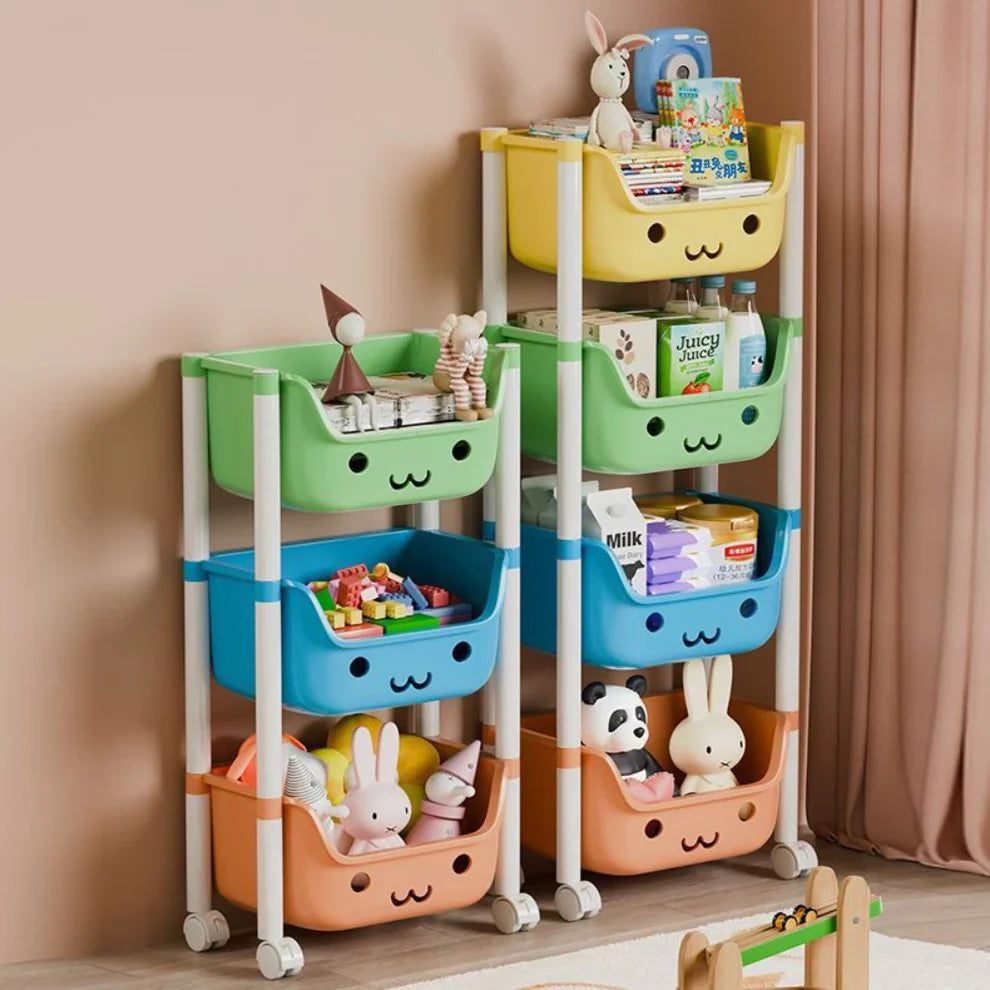 3-tier kids storage rack with colorful bins and wheels for toys and books