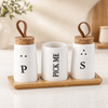 3-in-1 Ceramic Salt & Pepper Shaker Set with Toothpick Holder & Bamboo Tray | Modern Kitchen Seasoning Organizer