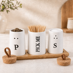 3-in-1 ceramic salt and pepper shaker set with toothpick holder and natural bamboo tray for modern kitchen and dining table organization.ceramic salt and pepper shaker set3 in 1 seasoning setsalt pepper shaker with bamboo trayceramic condiment settoothpick holder setkitchen seasoning organizerdining table condiment holdermodern salt pepper setceramic spice organizerbamboo tray seasoning set