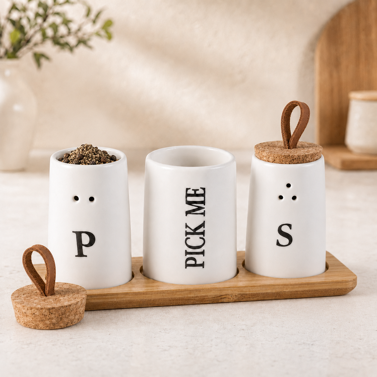 3-in-1 ceramic salt and pepper shaker set with toothpick holder and natural bamboo tray for modern kitchen and dining table organization.ceramic salt and pepper shaker set3 in 1 seasoning setsalt pepper shaker with bamboo trayceramic condiment settoothpick holder setkitchen seasoning organizerdining table condiment holdermodern salt pepper setceramic spice organizerbamboo tray seasoning set