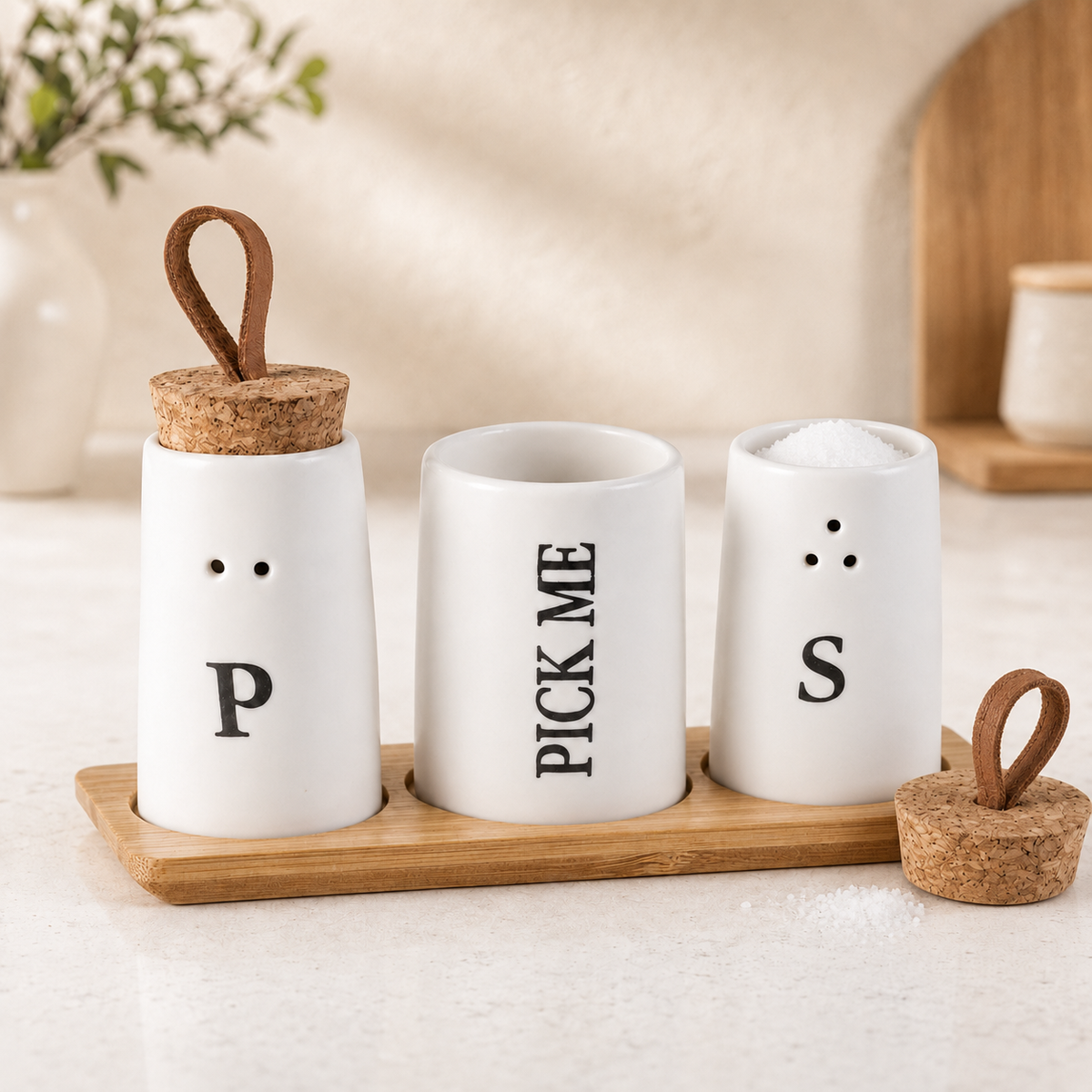 3-in-1 ceramic salt and pepper shaker set with toothpick holder and natural bamboo tray for modern kitchen and dining table organization.ceramic salt and pepper shaker set3 in 1 seasoning setsalt pepper shaker with bamboo trayceramic condiment settoothpick holder setkitchen seasoning organizerdining table condiment holdermodern salt pepper setceramic spice organizerbamboo tray seasoning set
