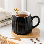 European Style Ceramic Coffee Cup With Bamboo Tray & Gold Spoon