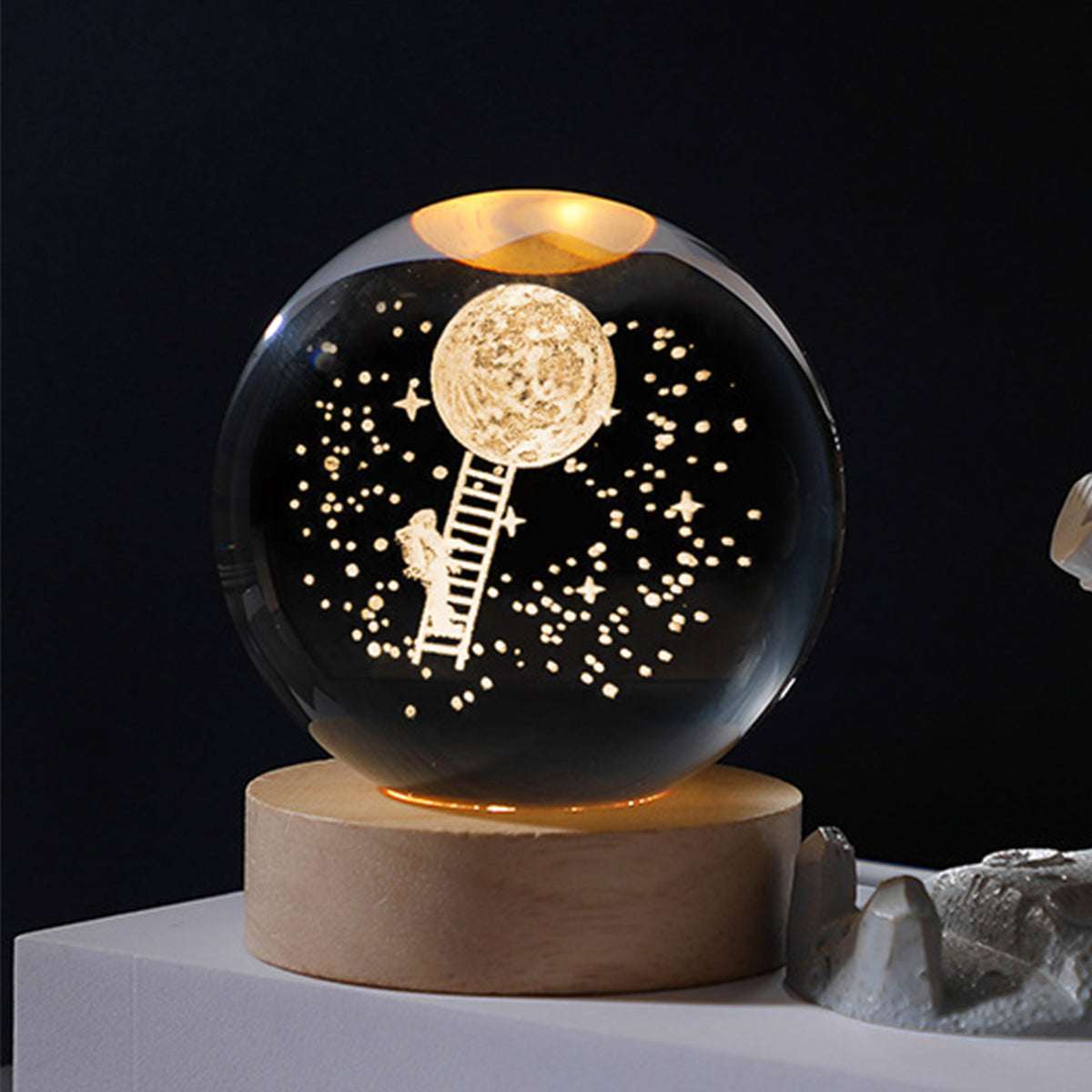 3D Galaxy Crystal Ball Night Light With Wooden Base - Small