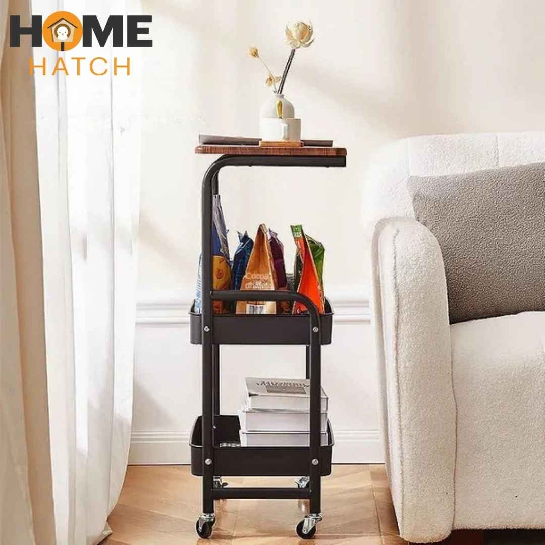 3-Tier Metal Rolling Cart with Wooden Top