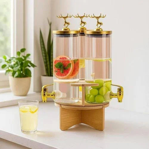 3 in 1 rotating glass beverage dispenser with deer lid high borosilicate beverage dispenser with 3 taps and stand – Pakistan
