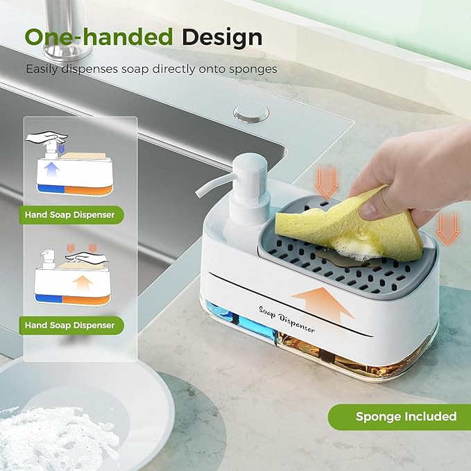 4-in-1 hand and dish soap dispenser set with sponge holder in whiteDual liquid soap dispenser for kitchen sink countertopDish soap dispenser with sponge included for kitchen useWhite kitchen soap dispenser set with storage holderModern soap dispenser for bathroom and kitchen countertops