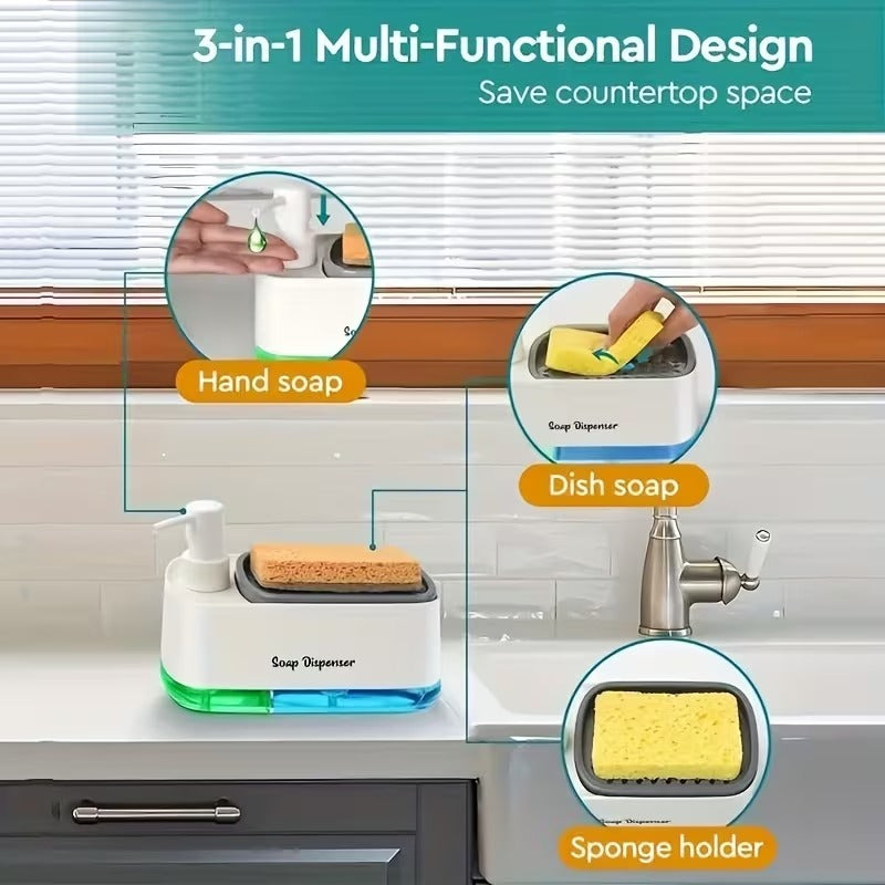 4-in-1 hand and dish soap dispenser set with sponge holder in whiteDual liquid soap dispenser for kitchen sink countertopDish soap dispenser with sponge included for kitchen useWhite kitchen soap dispenser set with storage holderModern soap dispenser for bathroom and kitchen countertops