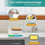 4-in-1 hand and dish soap dispenser set with sponge holder in whiteDual liquid soap dispenser for kitchen sink countertopDish soap dispenser with sponge included for kitchen useWhite kitchen soap dispenser set with storage holderModern soap dispenser for bathroom and kitchen countertops