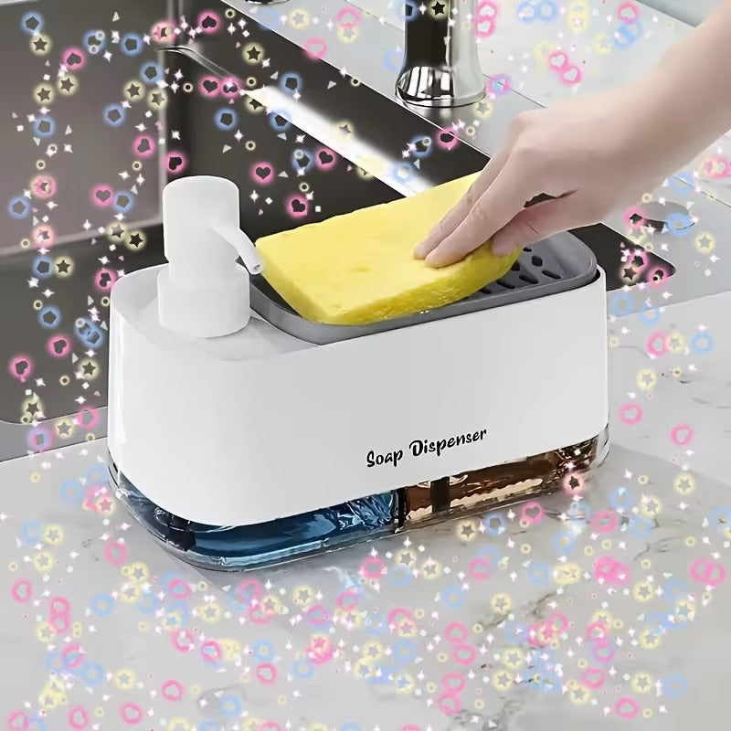 4-in-1 hand and dish soap dispenser set with sponge holder in whiteDual liquid soap dispenser for kitchen sink countertopDish soap dispenser with sponge included for kitchen useWhite kitchen soap dispenser set with storage holderModern soap dispenser for bathroom and kitchen countertops