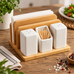 4 in 1 salt pepper shaker setsalt and pepper shaker setbamboo kitchen organizernapkin and toothpick holderceramic salt pepper shakerdining table organizerbamboo napkin holdersalt pepper toothpick holderkitchen table organizersalt pepper set Pakistan