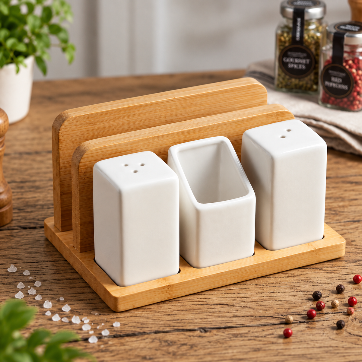 4 in 1 salt pepper shaker setsalt and pepper shaker setbamboo kitchen organizernapkin and toothpick holderceramic salt pepper shakerdining table organizerbamboo napkin holdersalt pepper toothpick holderkitchen table organizersalt pepper set Pakistan