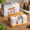 4-in-1 Ceramic Salt & Pepper Shaker Set with Toothpick & Napkin Holder | Bamboo Kitchen Table Organizer