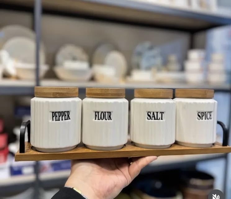 Ceramic Coffee, Sugar, Flour & Tea Canister Set with Wooden Tray