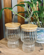 Ripple And Plain Transparent Drinking Glass Tumbler with Bamboo Lid And Glass Straw